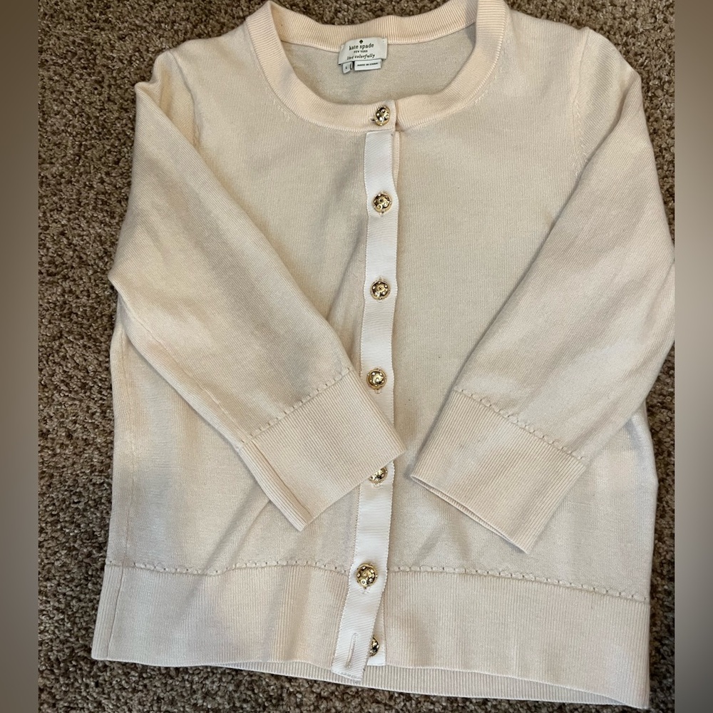 Kate Spade Cream Wool Cardigan Sweater Cropped Gold Crystal Buttons